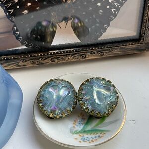 Vintage made in Austria AB molded glass circle blue green clip on earrings